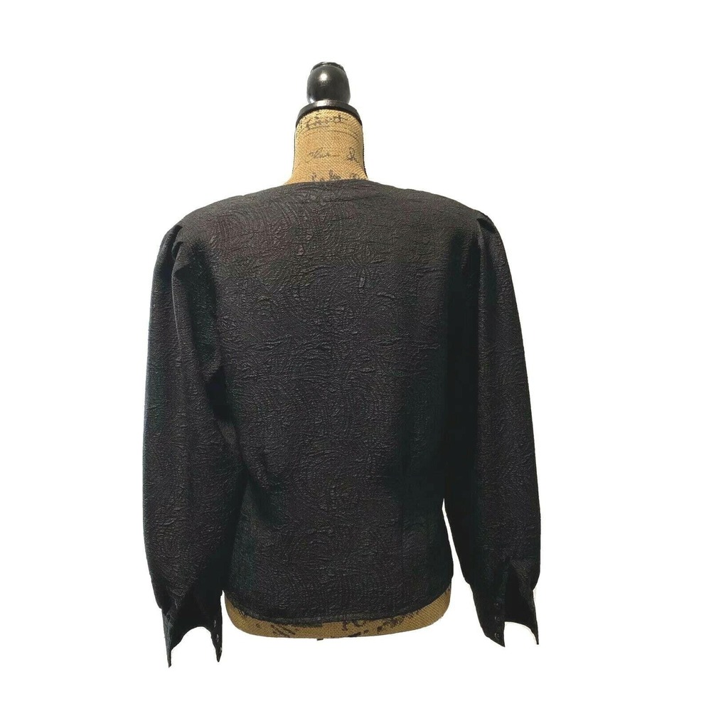 VTG Ship N Shore Blouse 8 Black Embossed Fitted Waist Puff Sl Button Top - Picture 6 of 10